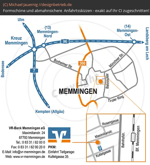 Anfahrtsskizzen erstellen / Anfahrtsskizze Memmingen Maximilianstraße (Detailskizze mit Übersichtsplan)   VR-Bank Memmingen eG (355)